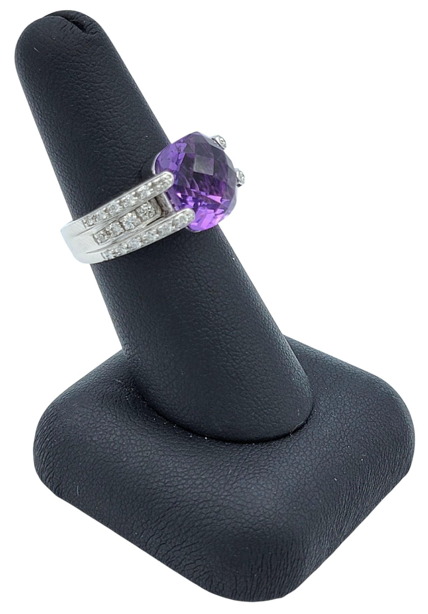 Bague de cocktail en or blanc 14 carats, améthyste et diamant, taille coussin en damier en vente 7