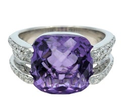 Cushion Checkered Cut Amethyst and Diamond Cocktail Ring in 14 Karat White Gold
