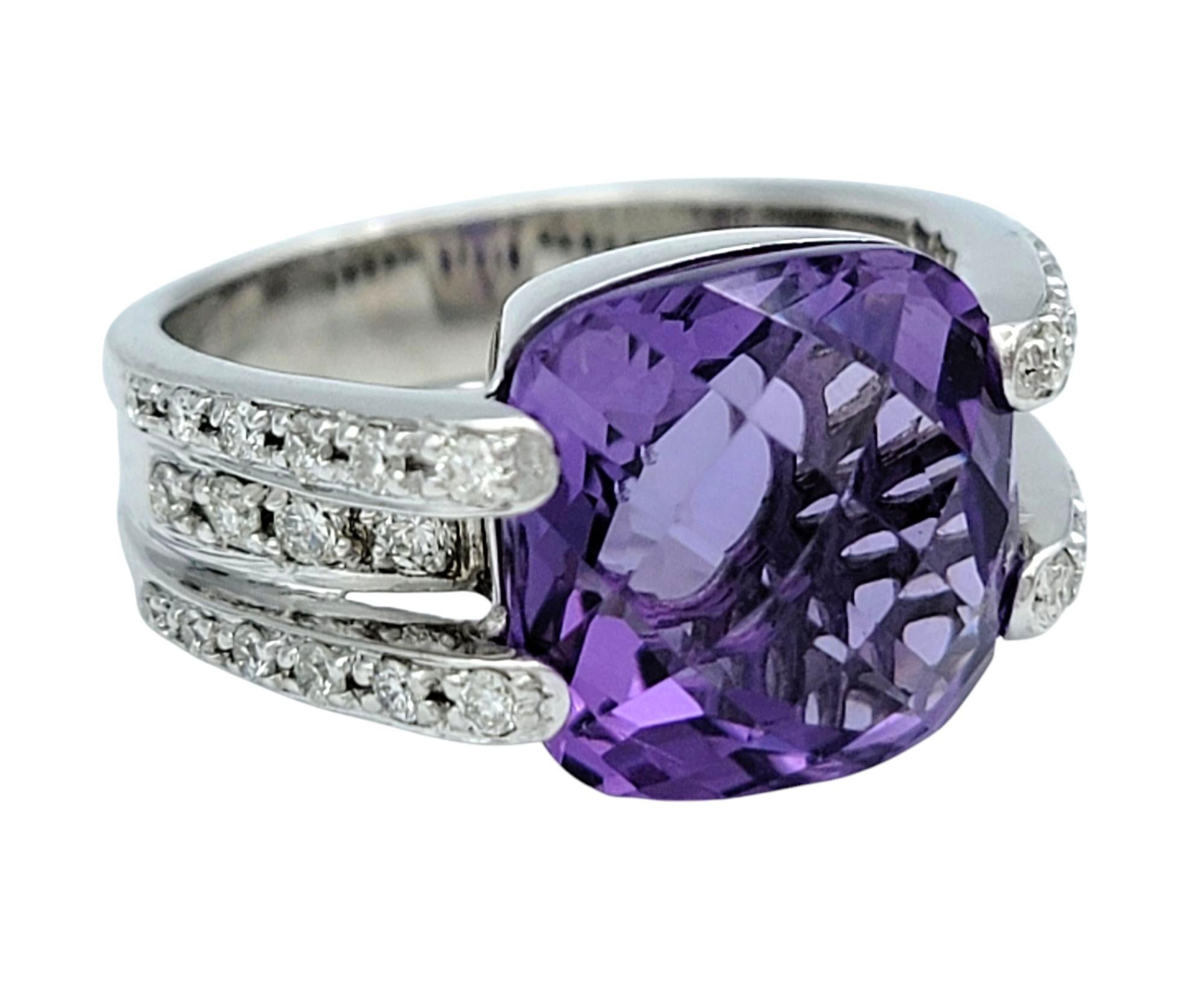 Contemporain Bague de cocktail en or blanc 14 carats, améthyste et diamant, taille coussin en damier en vente