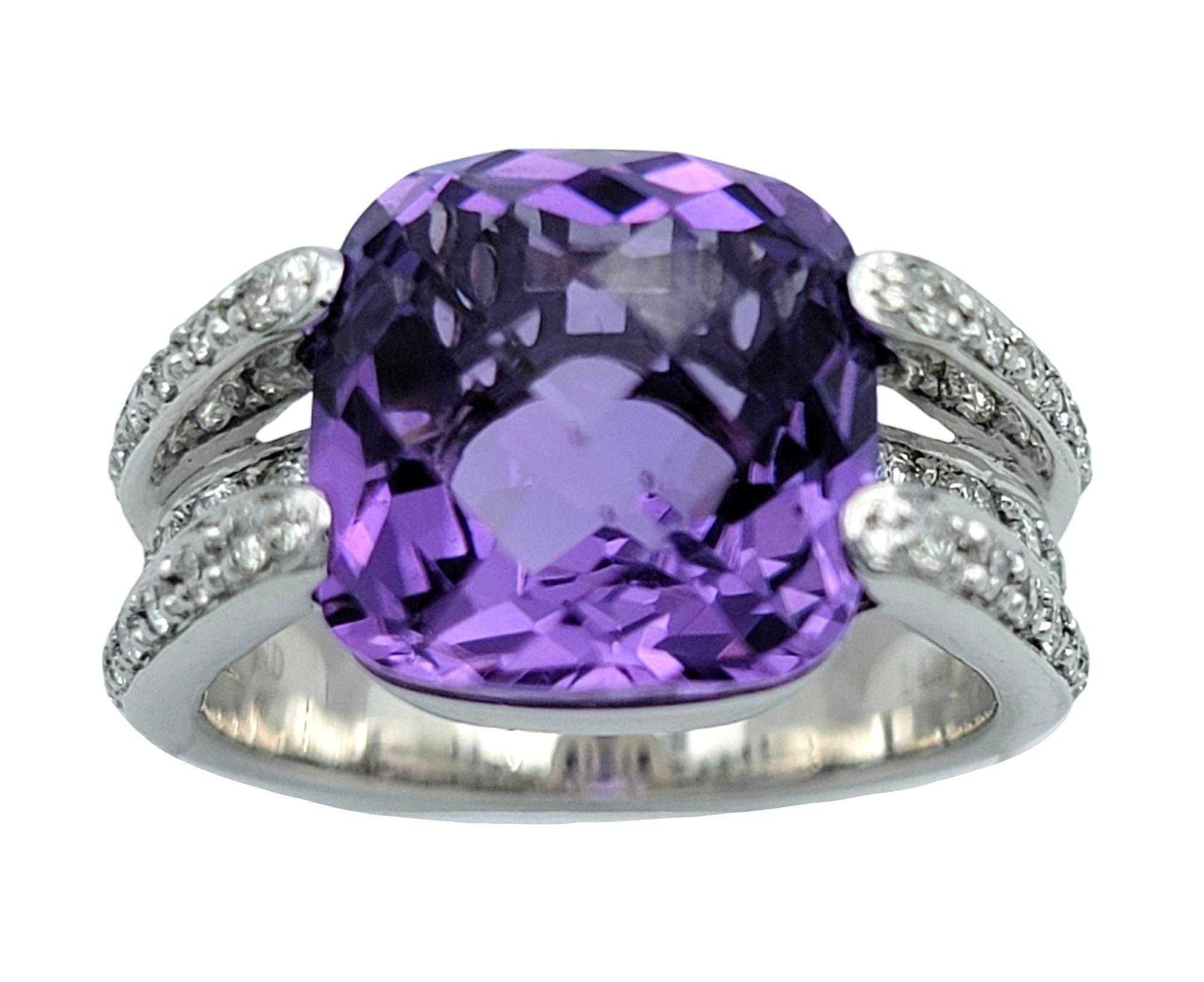 Bague de cocktail en or blanc 14 carats, améthyste et diamant, taille coussin en damier Bon état - En vente à Scottsdale, AZ