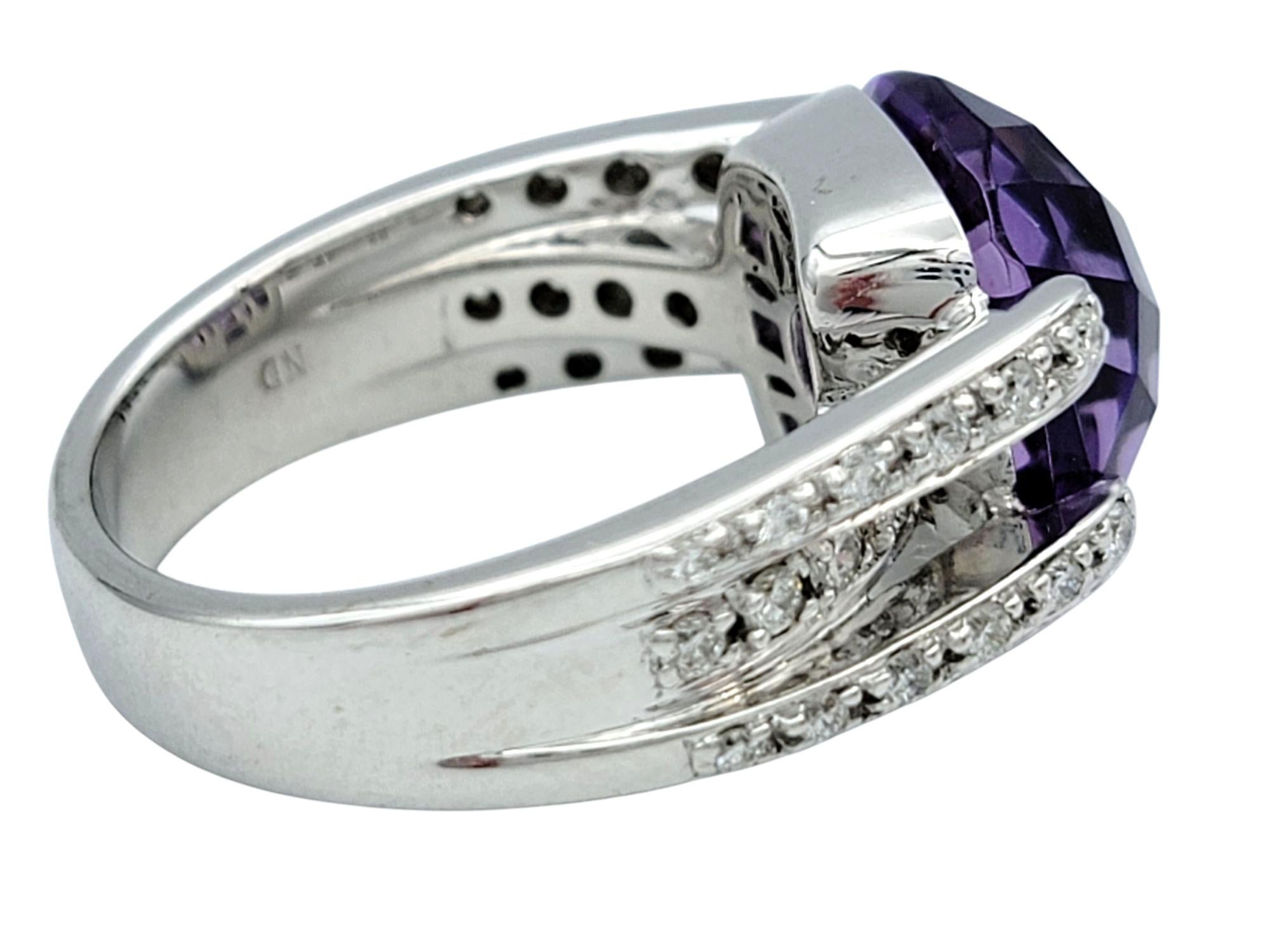 Bague de cocktail en or blanc 14 carats, améthyste et diamant, taille coussin en damier Pour femmes en vente