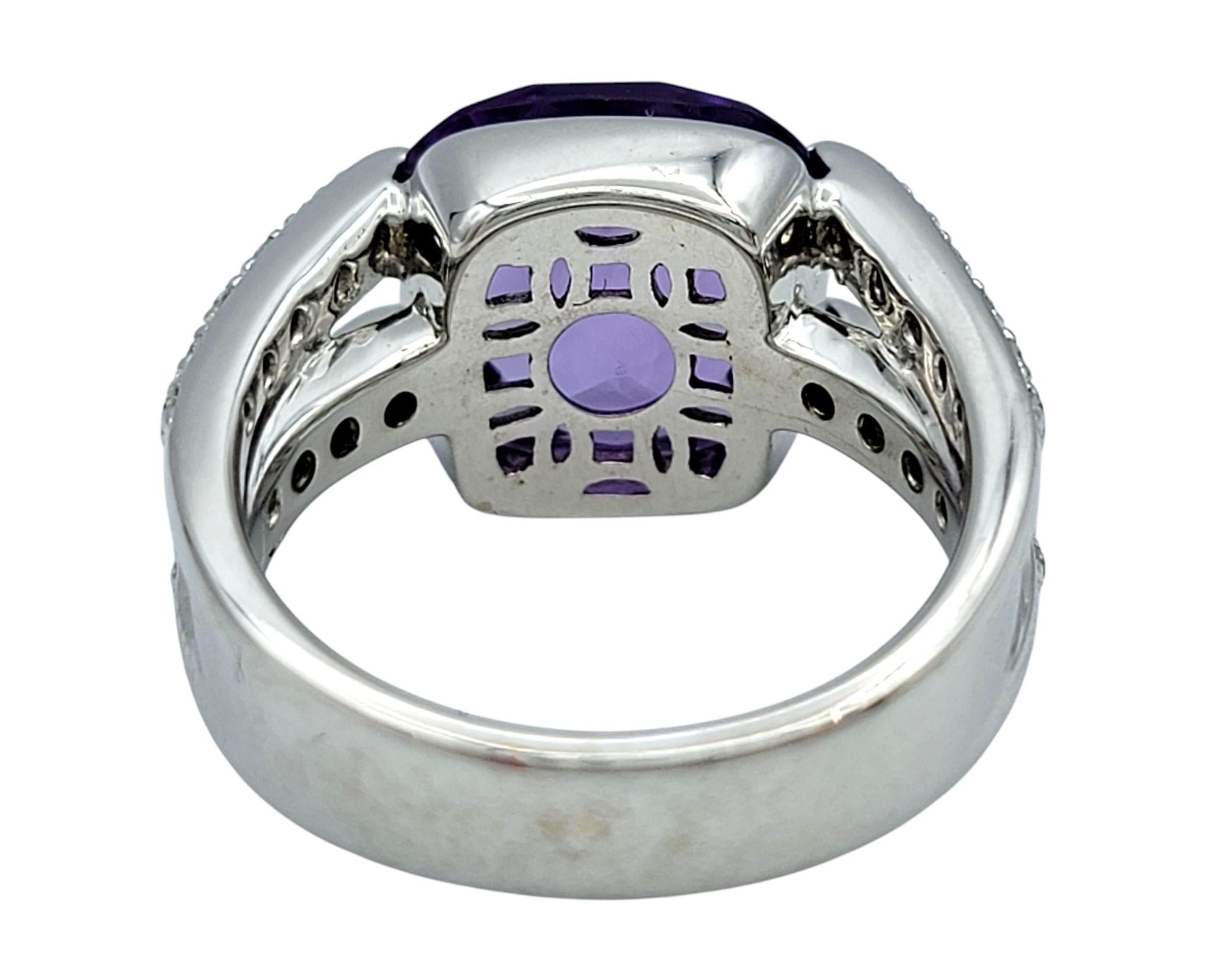 Bague de cocktail en or blanc 14 carats, améthyste et diamant, taille coussin en damier en vente 1