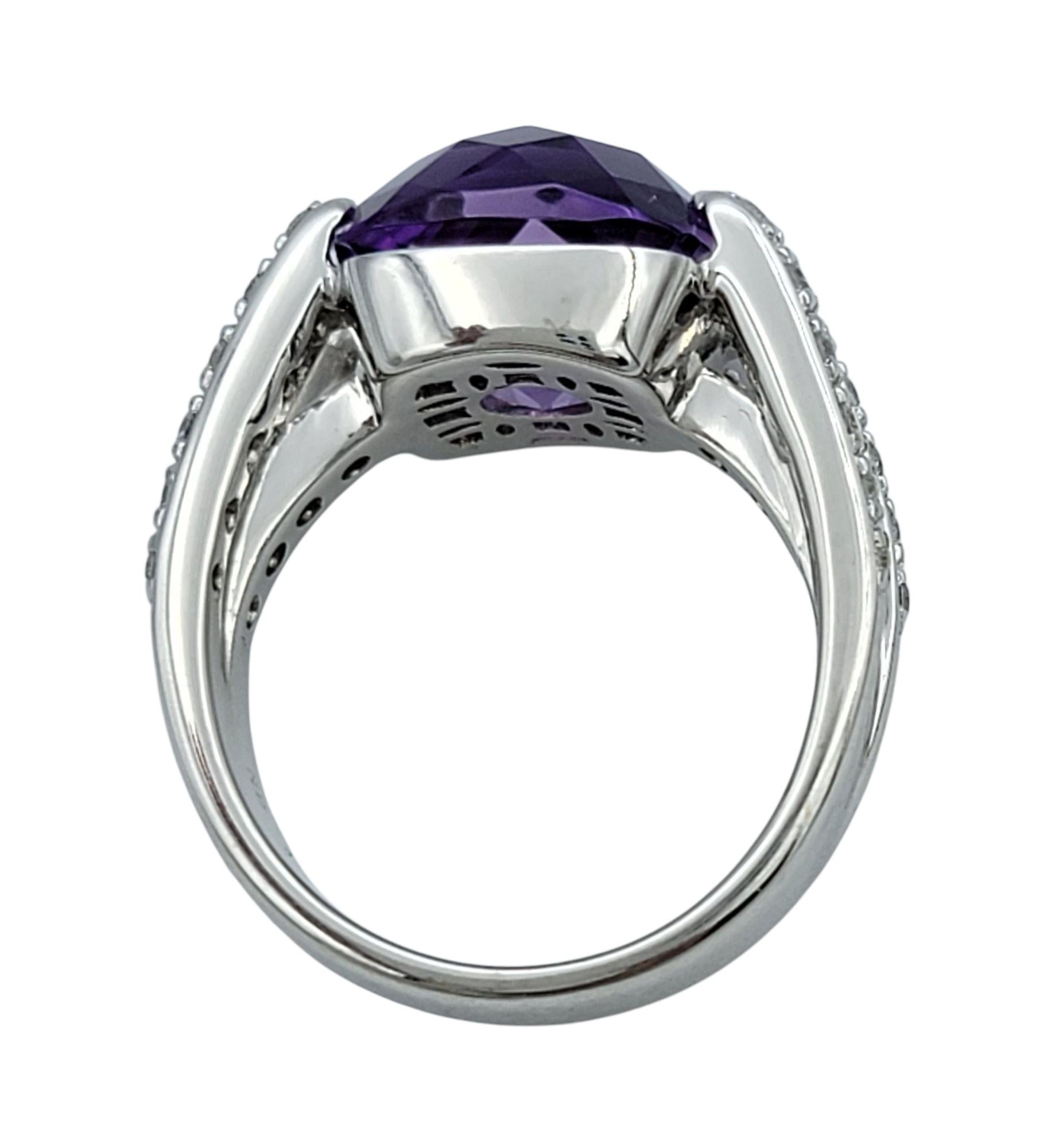 Bague de cocktail en or blanc 14 carats, améthyste et diamant, taille coussin en damier en vente 2