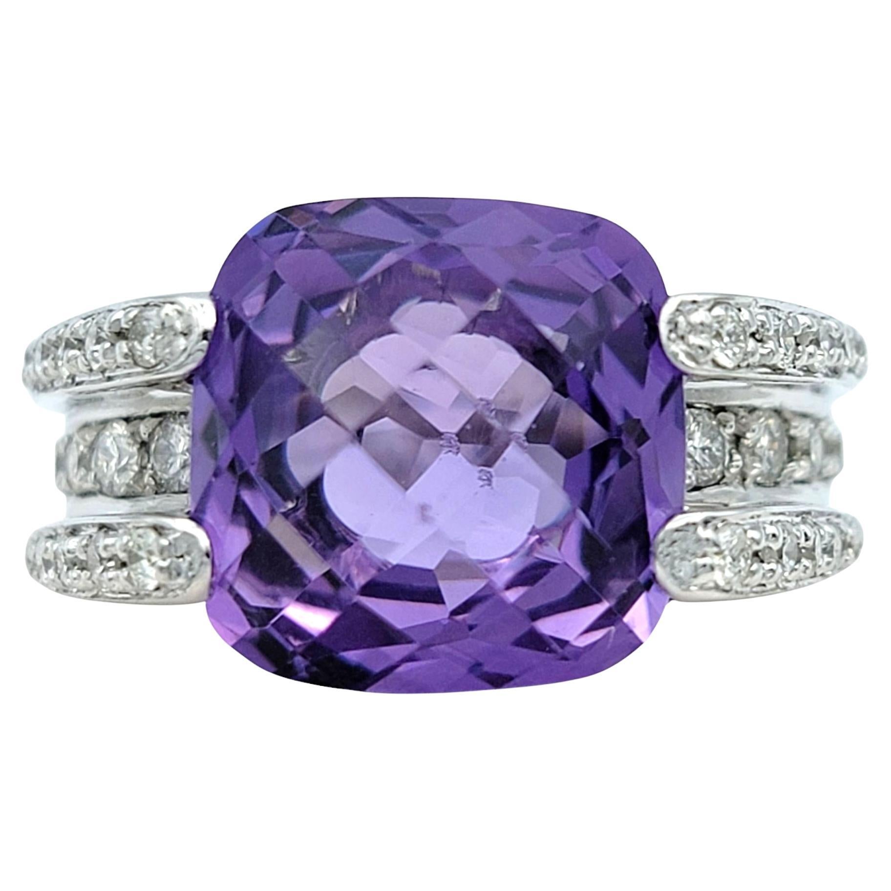 Anillo de Cóctel de Amatista y Diamante en Oro Blanco de 14 Kilates, talla cojín a cuadros