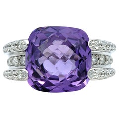 Cushion Checkered Cut Amethyst and Diamond Cocktail Ring in 14 Karat White Gold