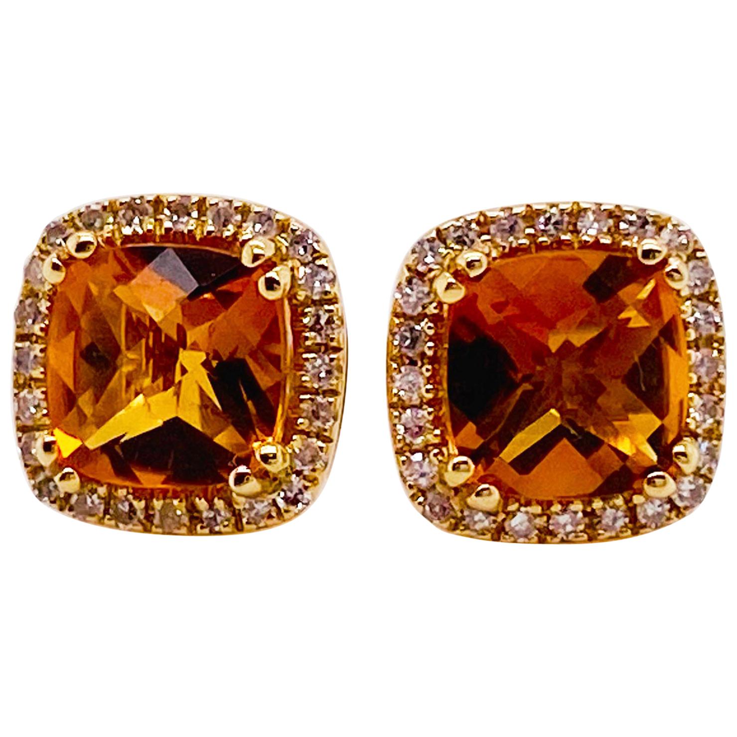 Cushion Citrine and Diamond Halo Earring Studs 14 Karat Gold November Birthstone