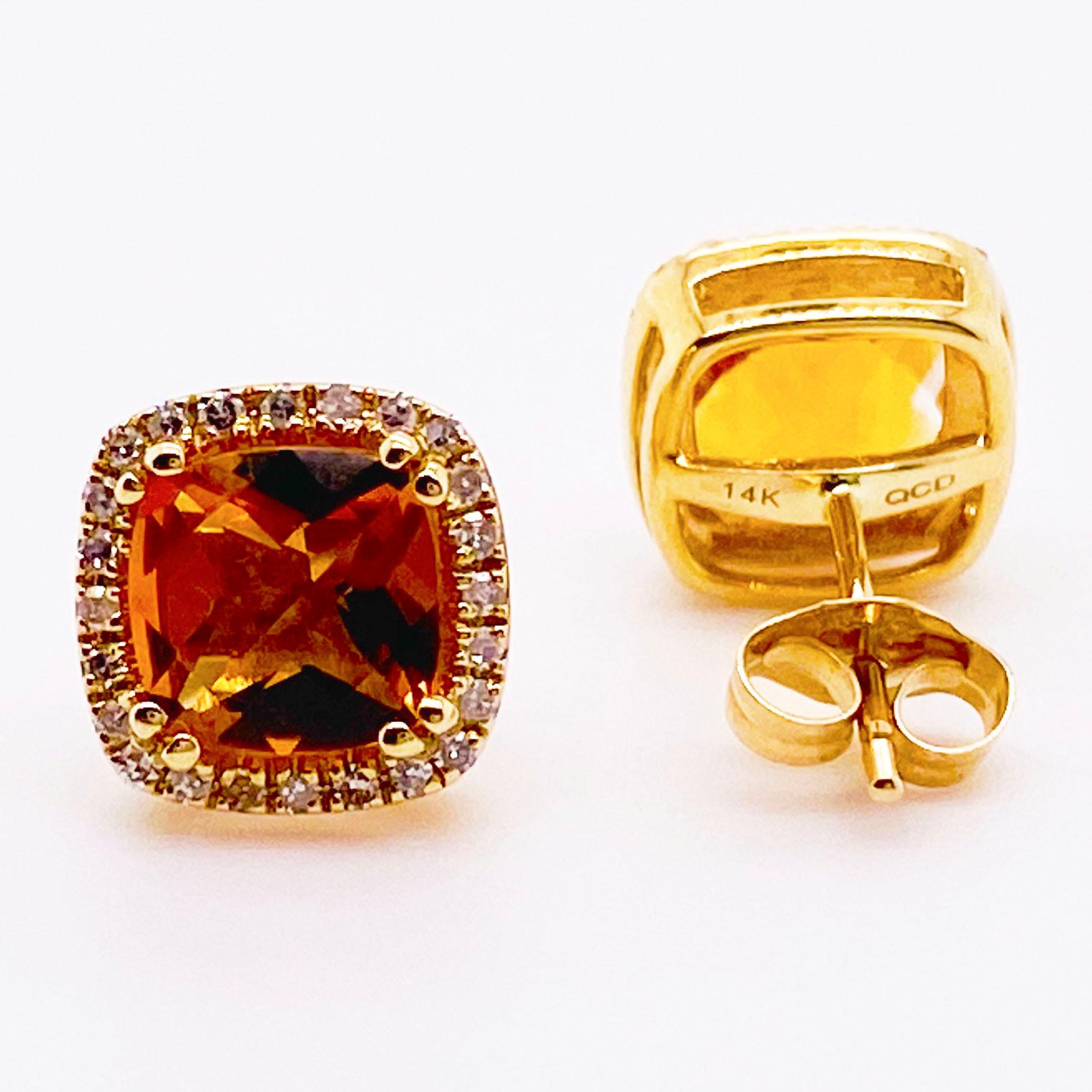 Classic orangish yellow citrine and diamond halo stud earrings, perfect for every occasion! The stunning citrine gemstone earrings have one cushion cut, genuine citrine gemstone set in a diamond halo frame in each earring. The citrines are a deep