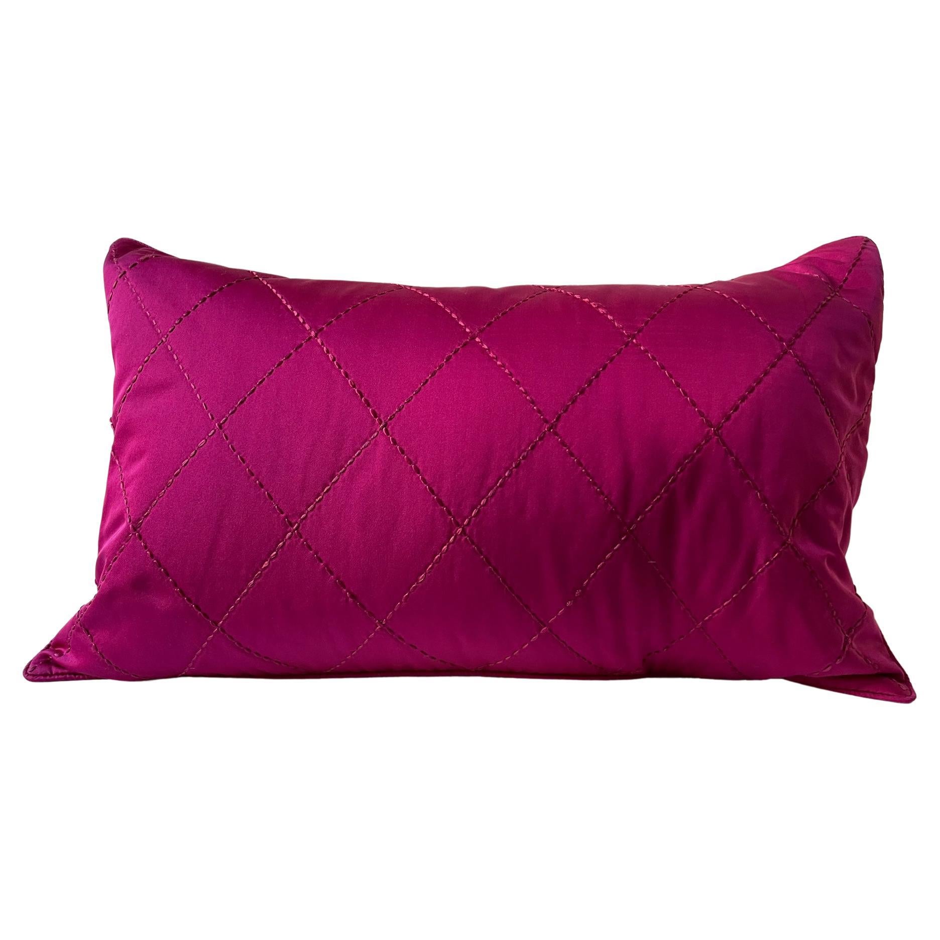 Cushion Cover Hand Quilted Rhombus Pattern in Silk Satin Cherry Red For Sale