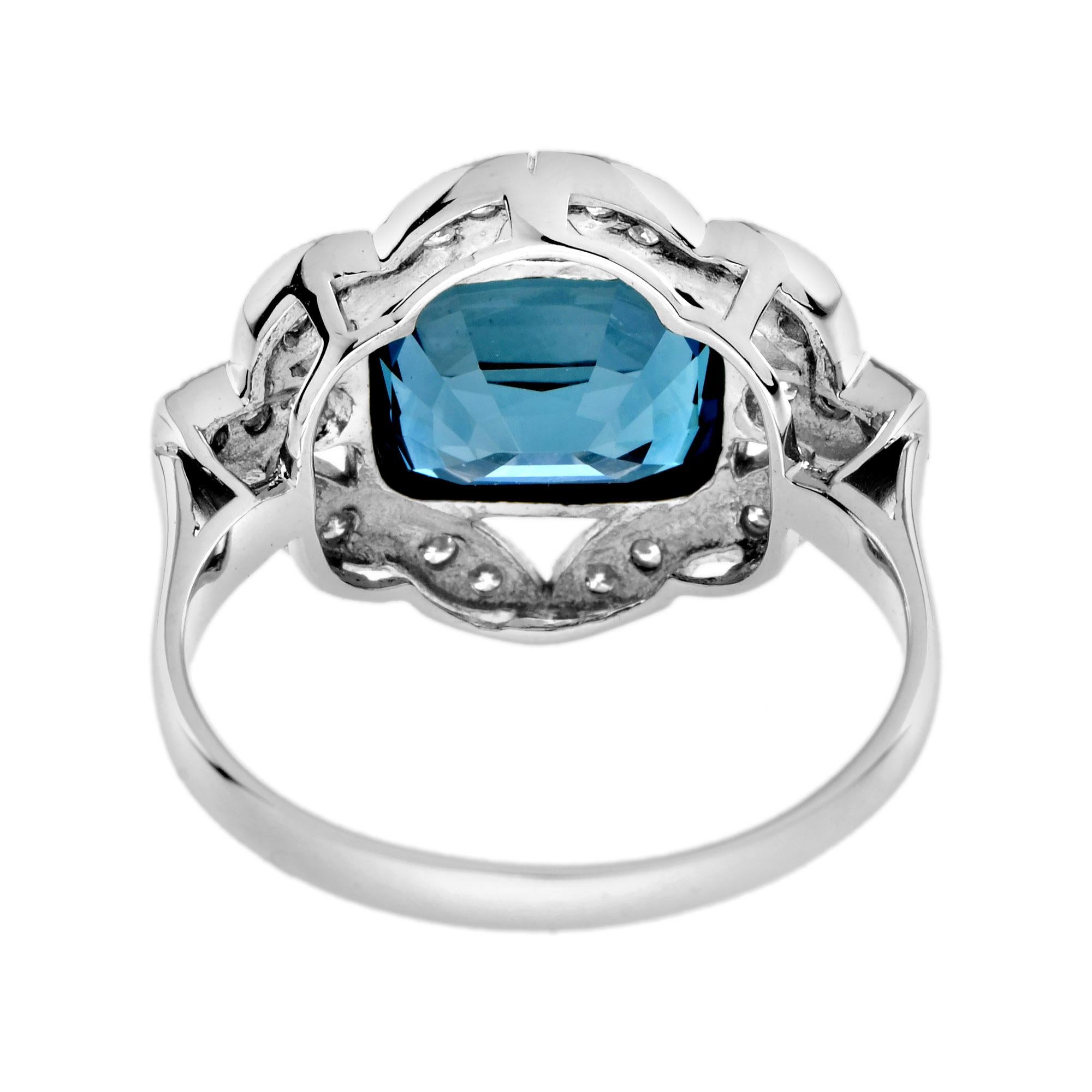 Bague de fiançailles de style Art déco en forme de coussin Topaze bleue de Londres et diamant Neuf - En vente à Oakton, VA
