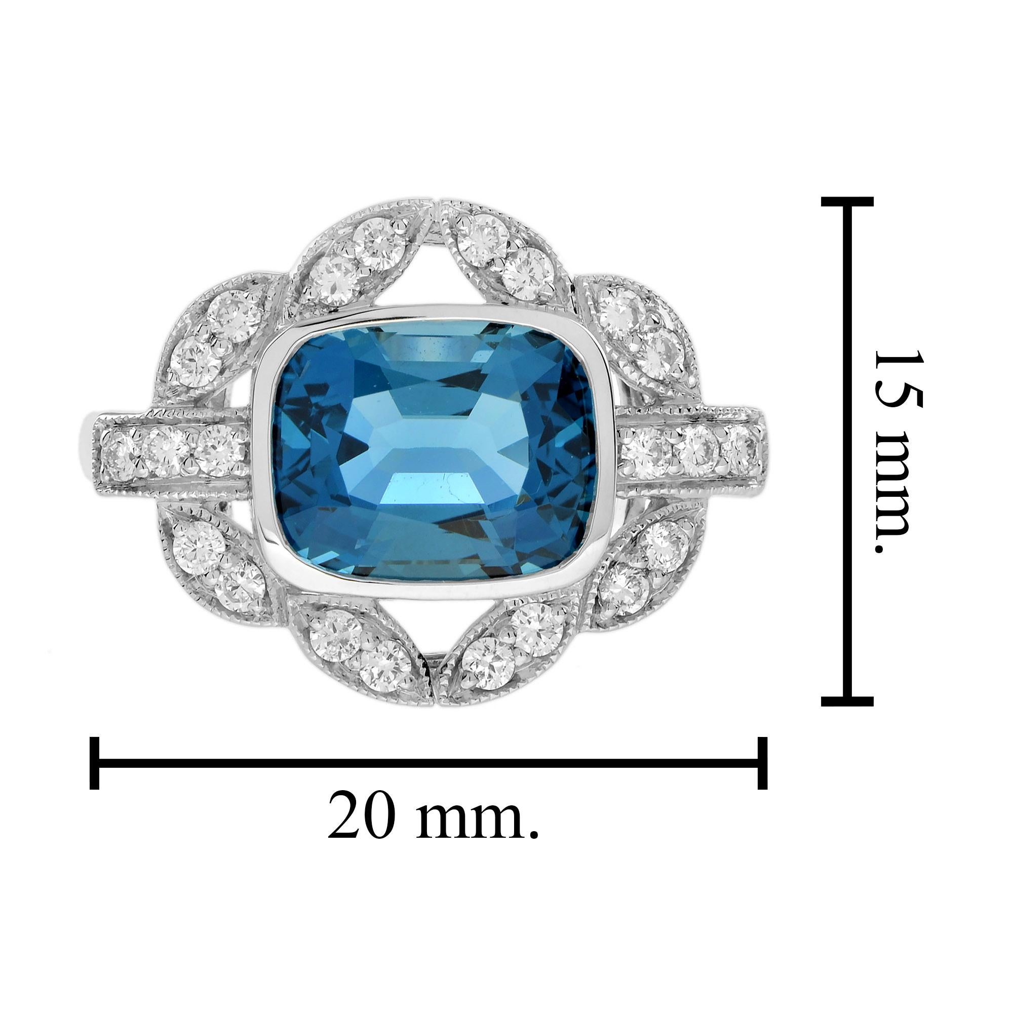 Bague de fiançailles de style Art déco en forme de coussin Topaze bleue de Londres et diamant en vente 2