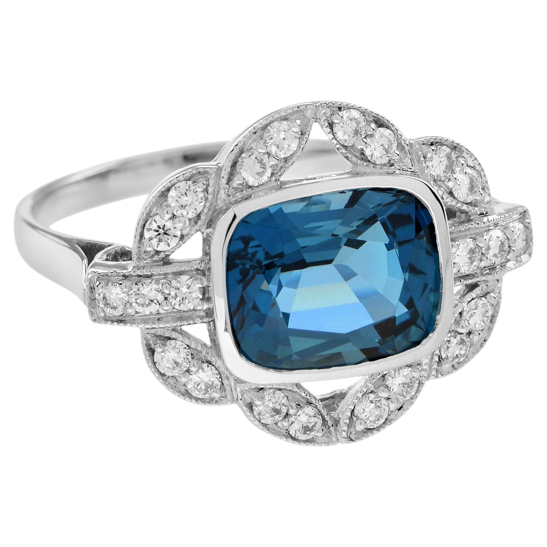 Cushion Cushion Shape London Blue Topaz & Diamond Art Deco Style Engagement Ring