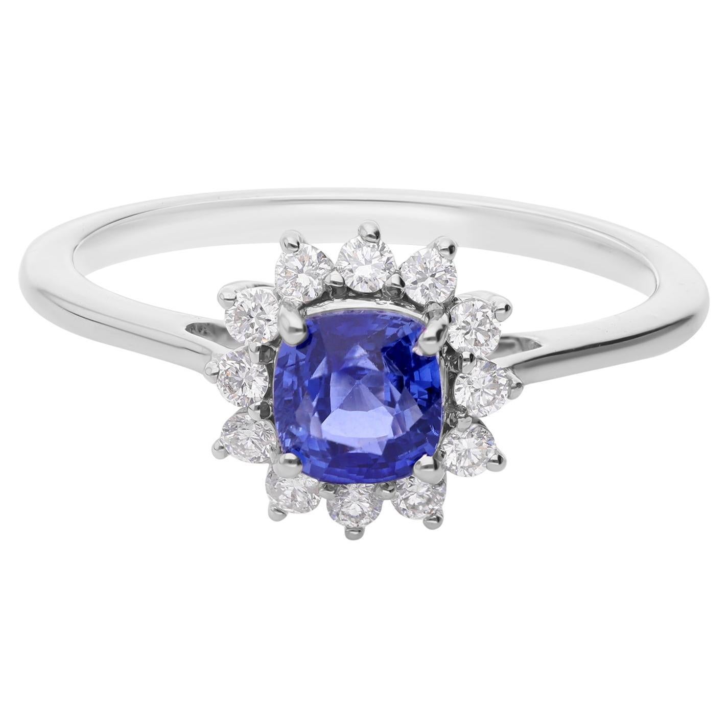 En vente :  Cushion Cut 1.01ct Blue Sapphire SI/HI Diamond Halo Wedding Ring 14k White Gold