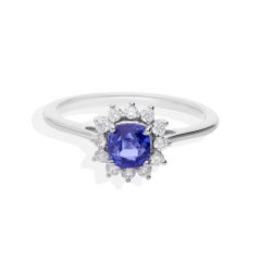 Alianza de boda con halo de diamantes SI/HI y zafiro azul talla cojín 1,01 ct Oro blanco 18k