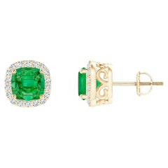 Cushion Cut 1.1 ct Emerald Studs with Diamond Halo in 14K Solid Gold for Women