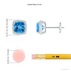 Pendientes de botón con halo de topacio azul suizo de 2,2 ct, talla cojín, en oro macizo de 14K