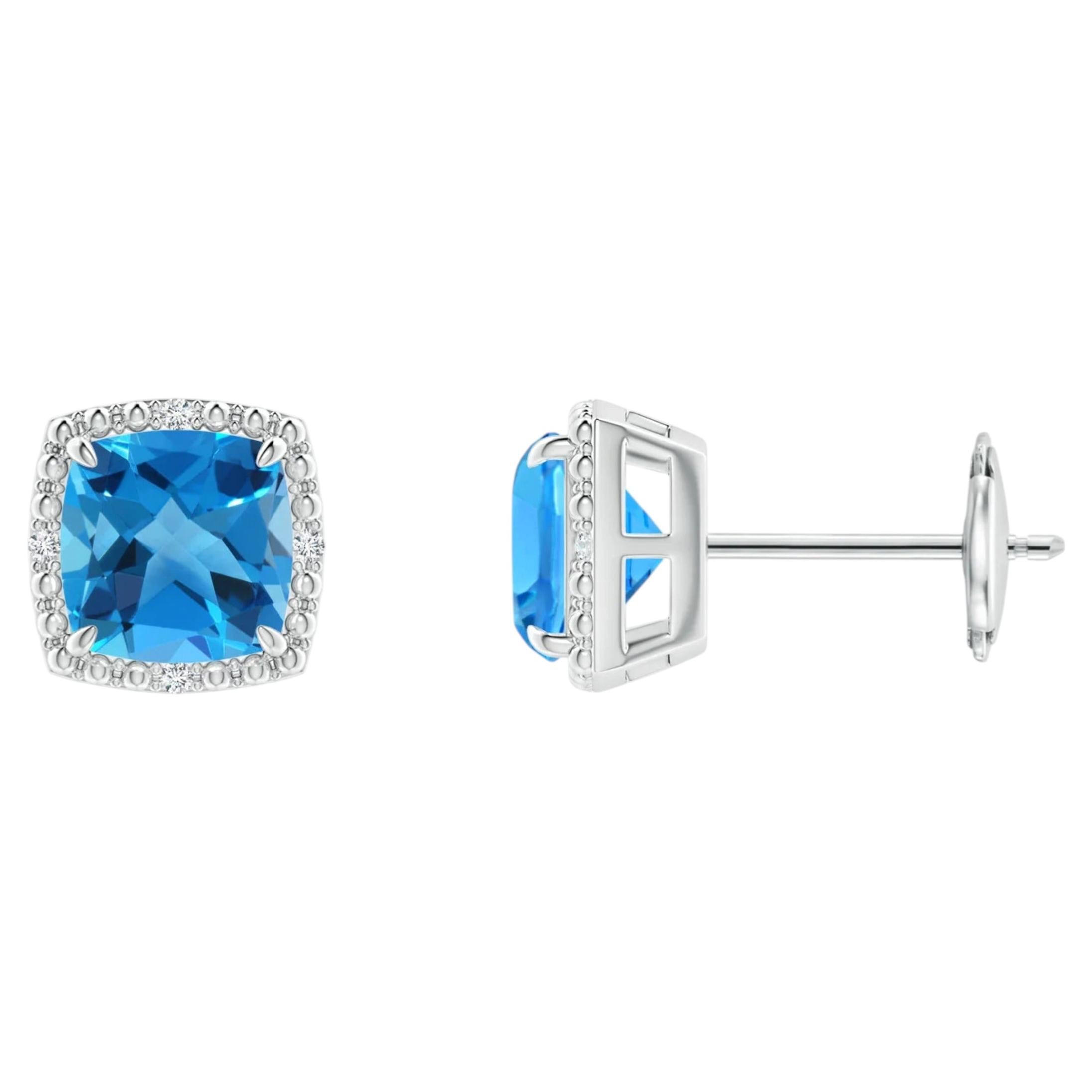 Cushion Cut 2.2 ct Swiss Blue Topaz Halo Stud Earrings in 14K Solid Gold