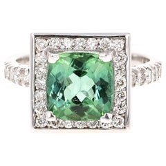 Cushion Cut 3.14 Carat Natural Green Tourmaline Diamond Ring in 18k White Gold