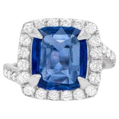 Cushion Cut 4 Carat Sapphire Ring with Diamond Halo 0.80 Carats Total 18k Gold