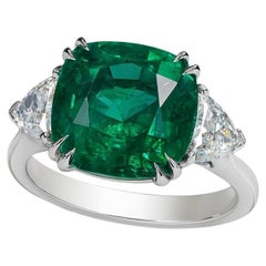 Cushion-Cut 6.28 Carat Emerald & Diamond Three-Stone Ring