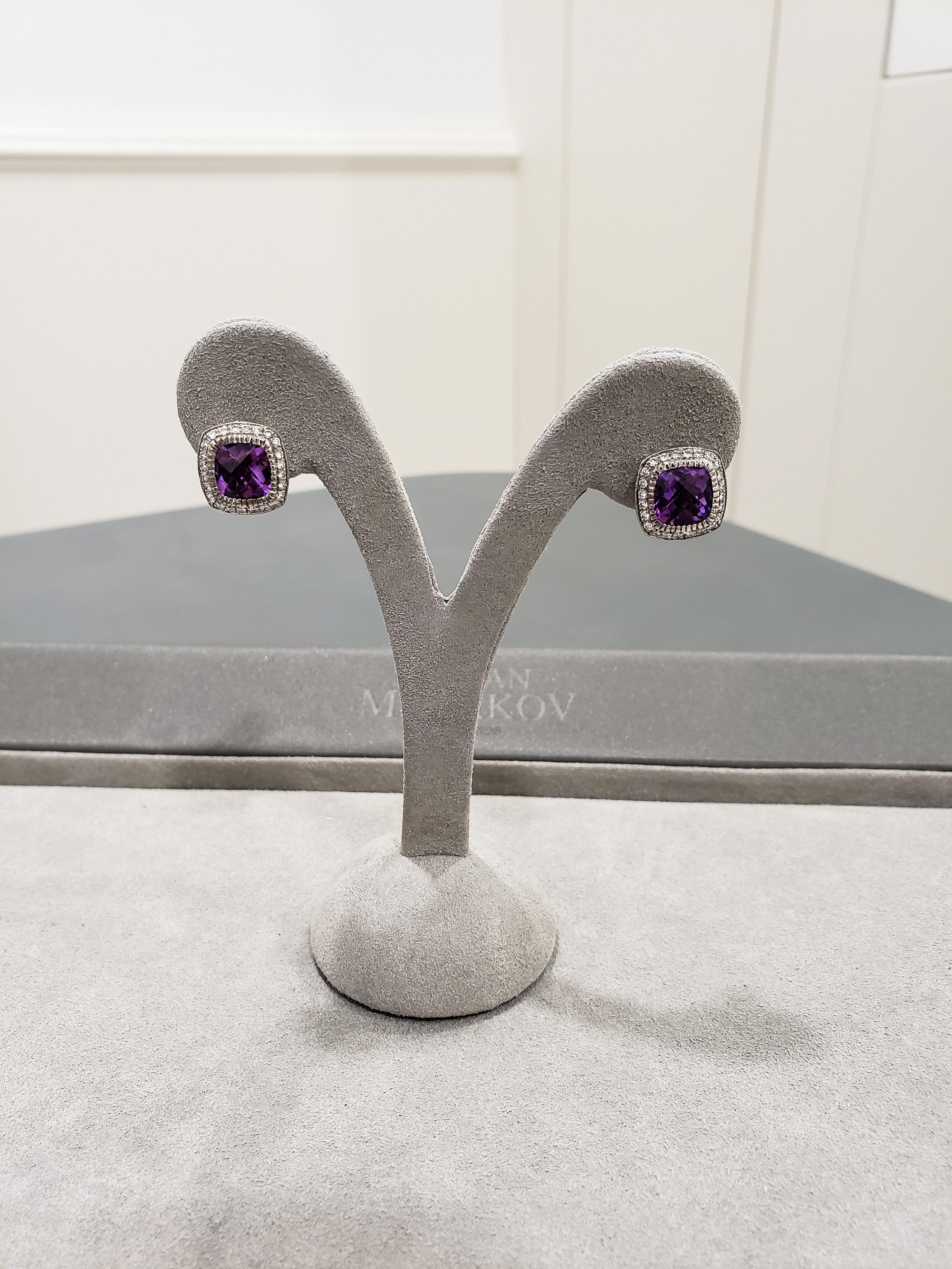 Vintage style earrings showcasing color-rich cushion cut amethysts, surrounded by a single row of round diamonds. Finished with milgrain edges. Amethysts weigh 3.81 carats total; diamonds weigh 0.30 carats total. Made in 14 karat white gold.

Style
