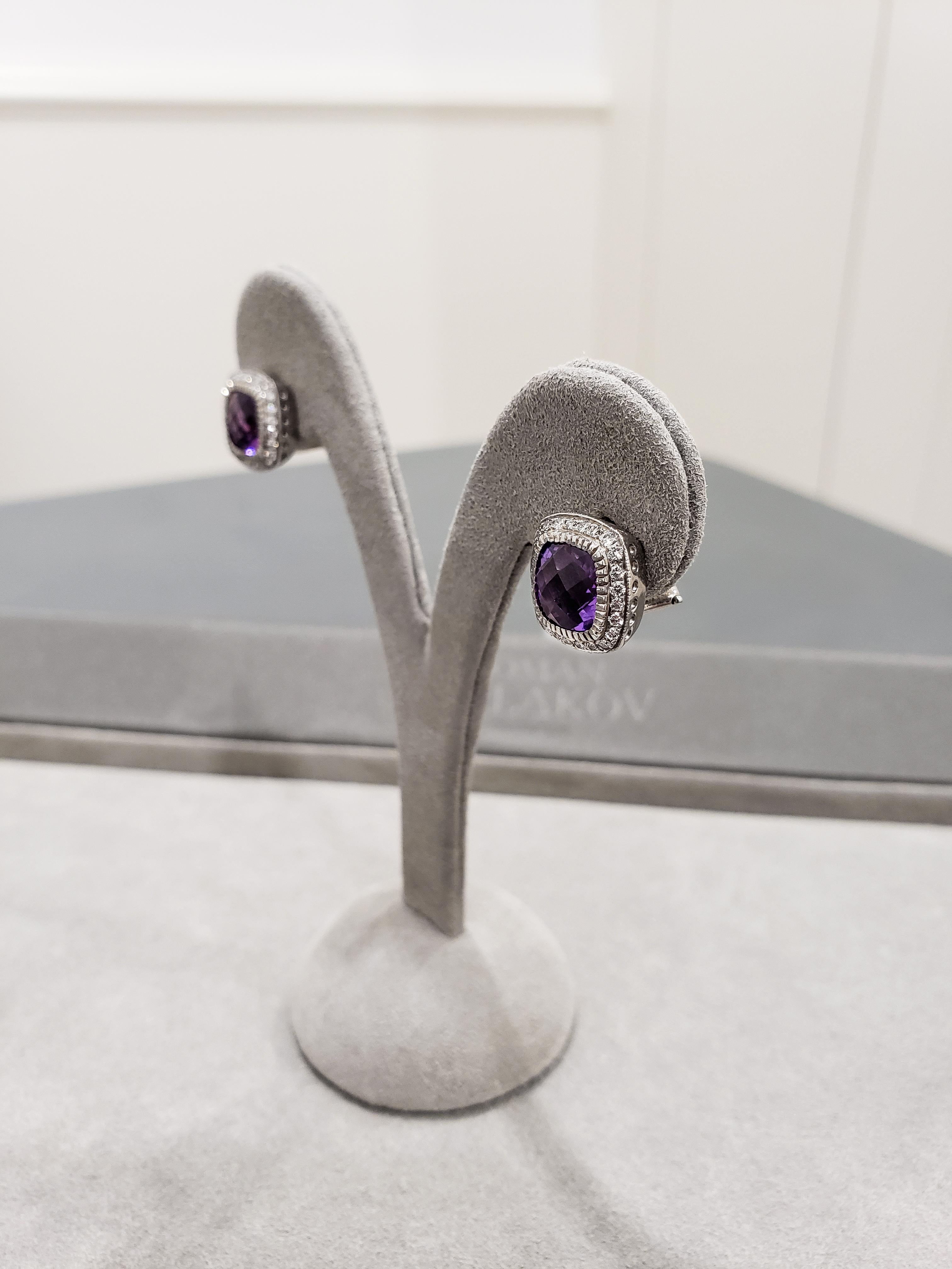 Cushion Cut Amethyst and Diamond Halo Earrings In New Condition In New York, NY