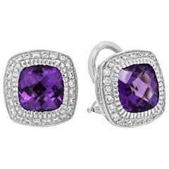 Cushion Cut Amethyst and Diamond Halo Earrings