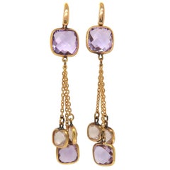Cushion Cut Amethyst and Quartz Dangle Earrings in 18K Yellow Gold