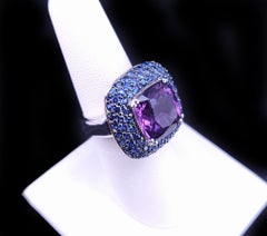 Cushion-Cut Amethyst & Blue Sapphire Halo Cocktail Ring in 14K White Gold