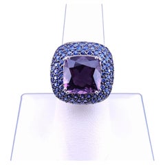 Cushion-Cut Amethyst & Blue Sapphire Halo Cocktail Ring in 14K White Gold