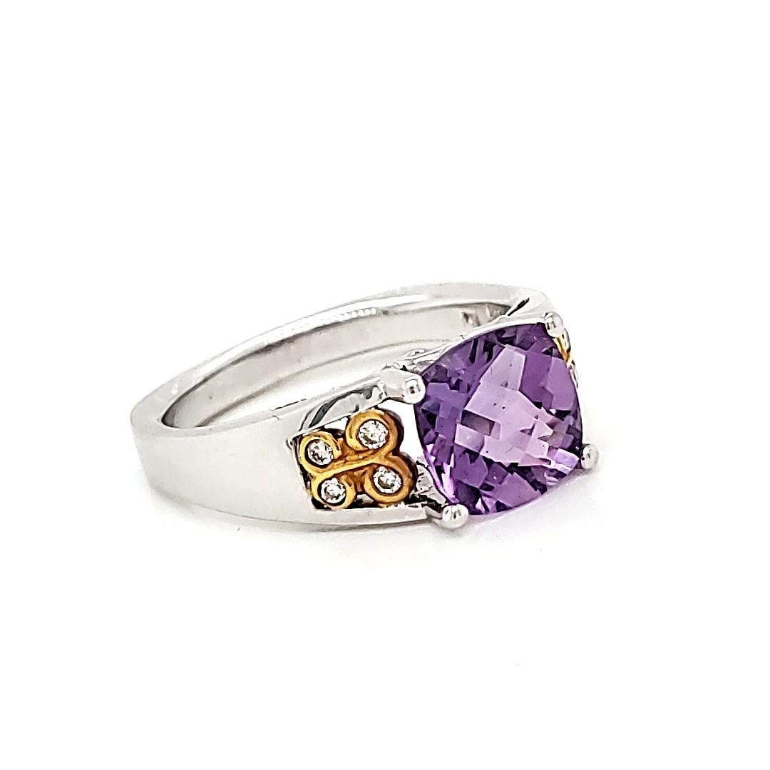 Let one brilliant facet of your love shine eternally.

The 2-carat cushion-cut amethyst in this stunning engagement ring radiates a deep, royal purple color. 

Additionally, eight round diamonds, totaling 0.07 carats, are part of the intricate