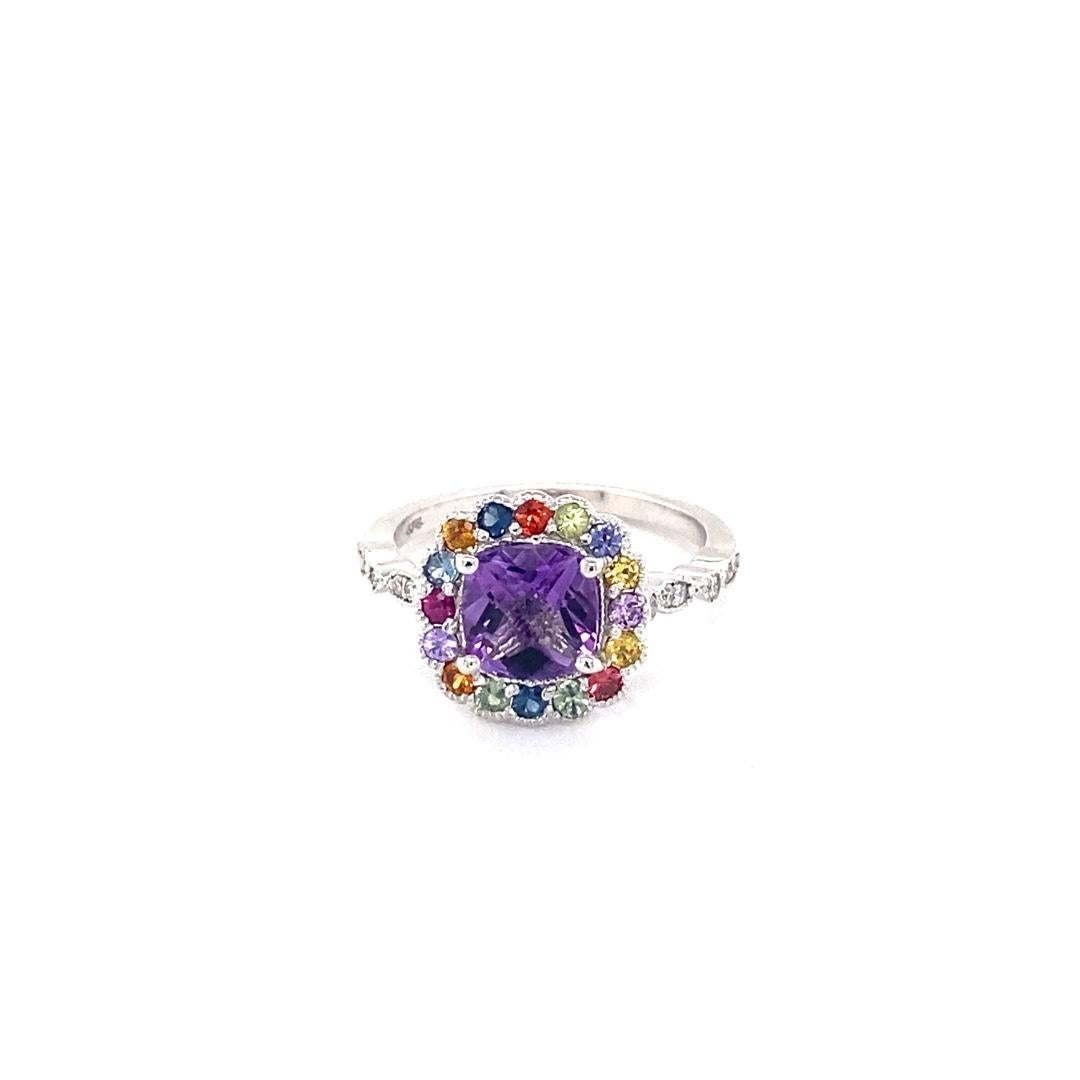 Contemporary Cushion Cut Amethyst Diamond Sapphire White Gold Ring For Sale