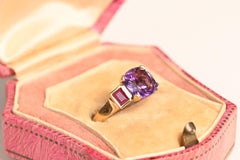 Amethyst and Ruby Ring. 1.80ct Cushion Cut Amethyst 18k Yellow Gold Ring Accent