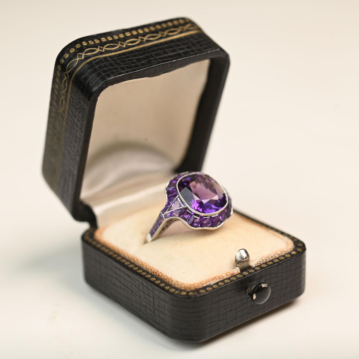 Cushion Cut Amethyst Ring (Approx 5.2-Carats) Amethyst Halo, Platinum For Sale