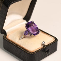 Platinum and Amethyst Diamond Ring. 5.80ct Cushion Cut Amethyst Cocktail Ring