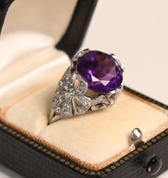 Amethyst and Diamond Statement Ring. 6ct Cushion Cut Platinum Ring Bow Filigree