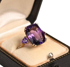 Amethyst Elongated Gold Ring. 6.40ct Cushion Cut Amethyst Diamond Ring 18K Gold