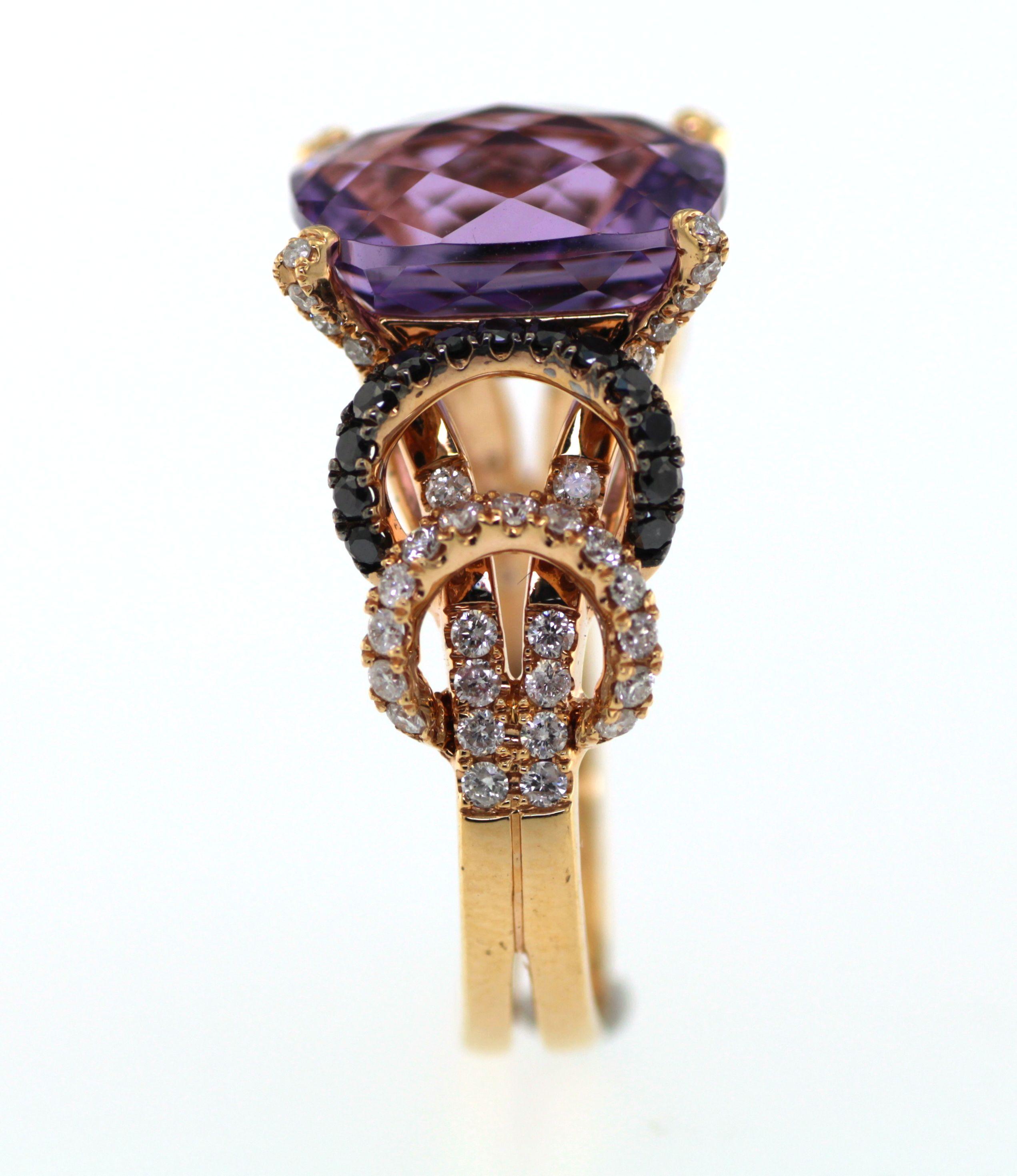 Artisan 6.44Ct Cushion Cut Amethyst with Black and White Diamonds in 18K Rose Gold For Sale