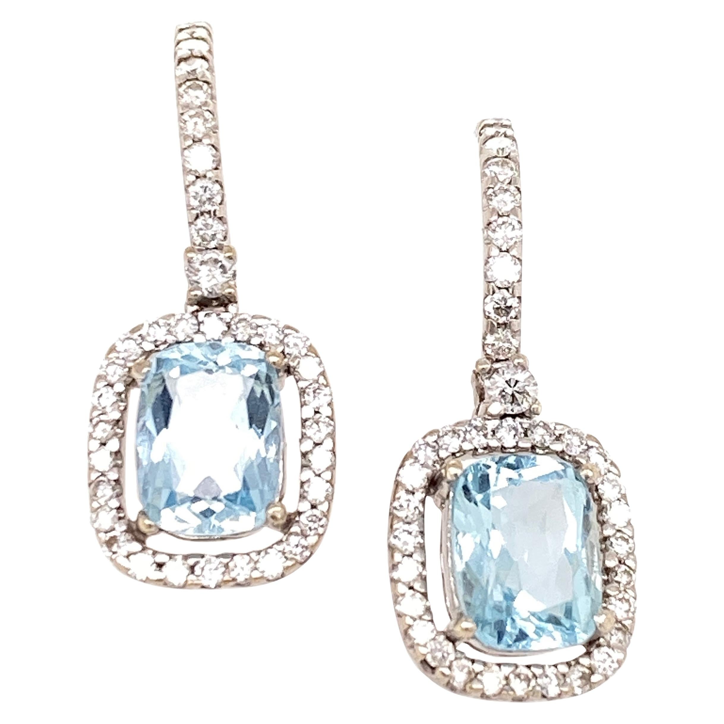 Cushion Cut Aquamarine Diamond Drop White Gold Earrings