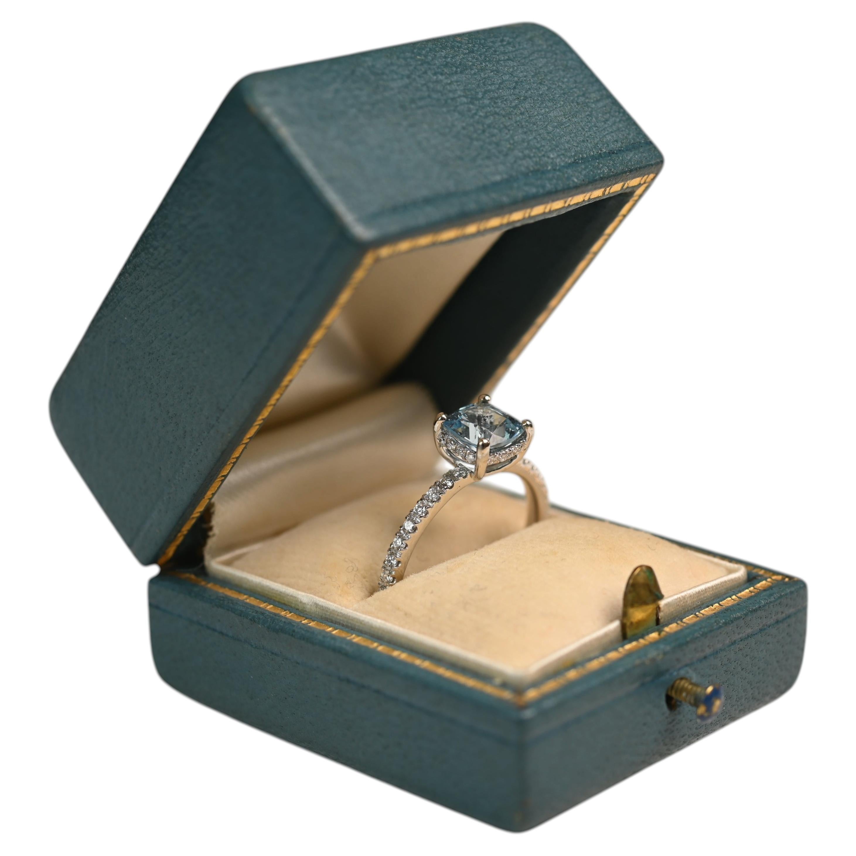 Cushion Cut Aquamarine Engagement Ring. Diamond Half Eternity 18K White Gold