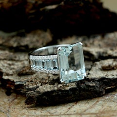 Emerald Cut Aquamarine Baguette Ring With Diamonds Made in 18k White Gold