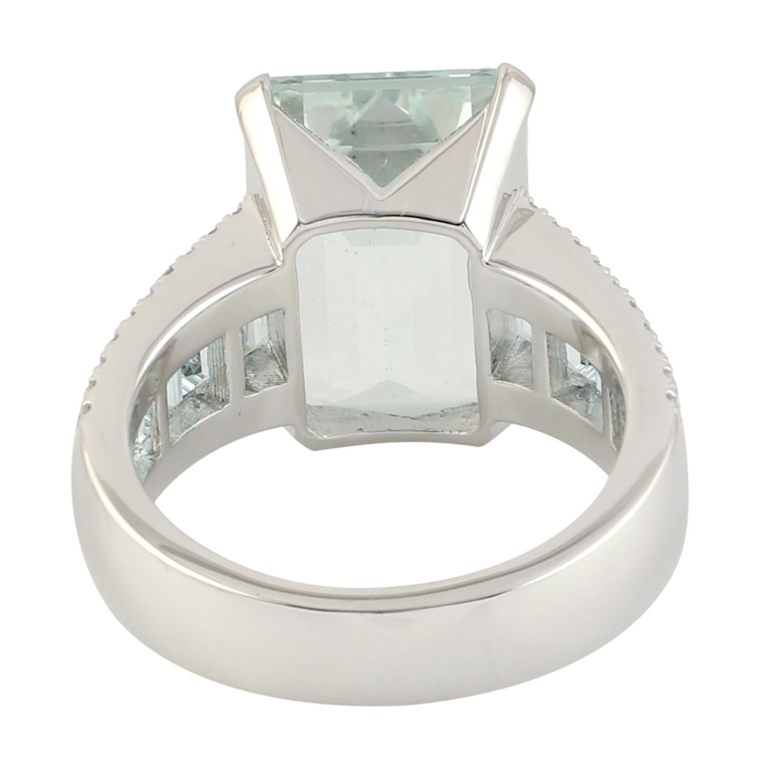 Art Nouveau Emerald Cut Aquamarine Baguette Ring With Diamonds Made in 18k White Gold For Sale