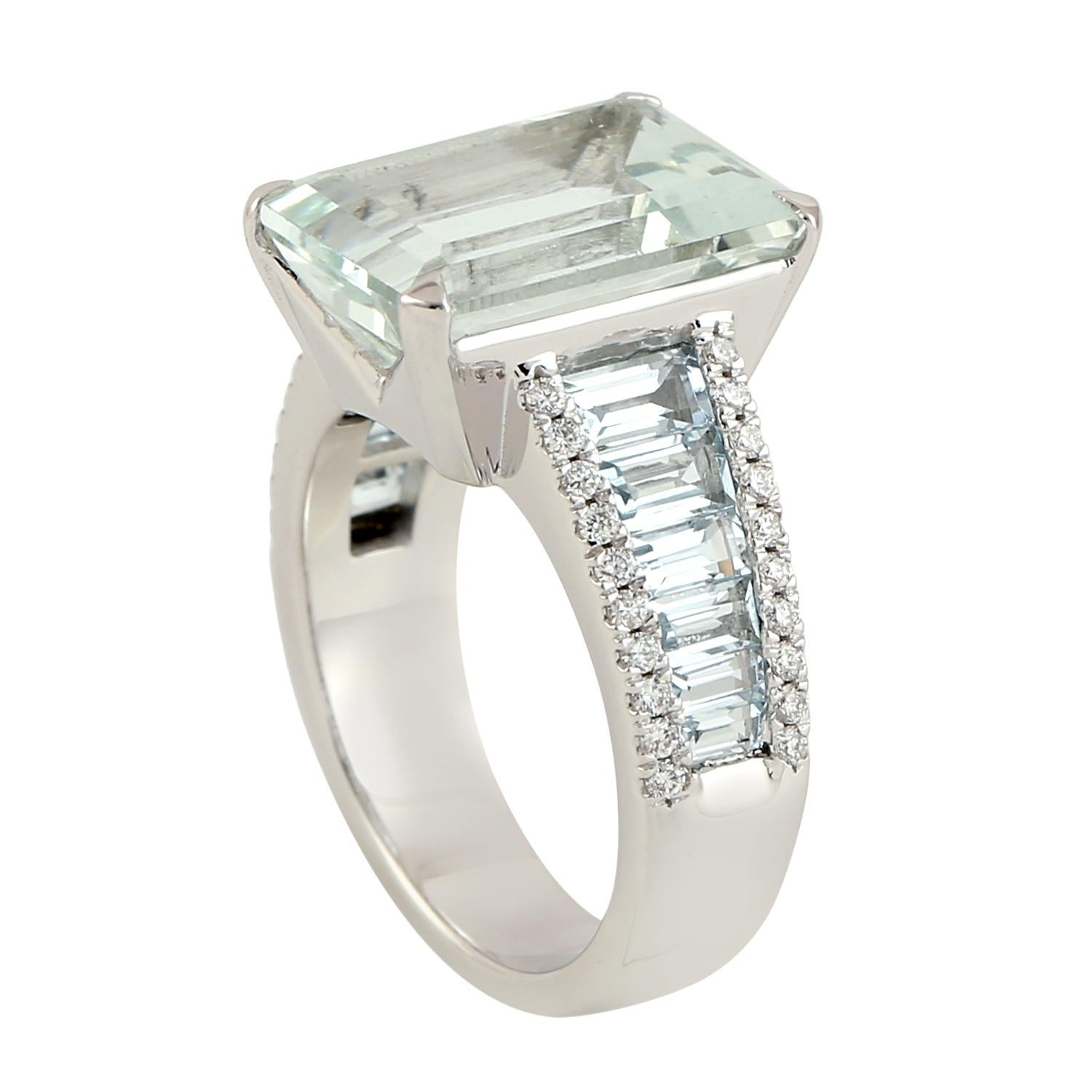 Mixed Cut Emerald Cut Aquamarine Baguette Ring With Diamonds Made in 18k White Gold For Sale