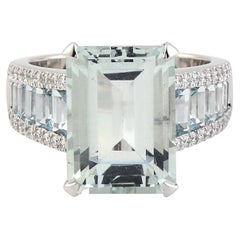 Emerald Cut Aquamarine Baguette Ring With Diamonds Made in 18k White Gold