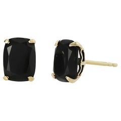 Cushion Cut Black Onyx Stud Earrings 14K Yellow Gold over .925 Sterling Silver