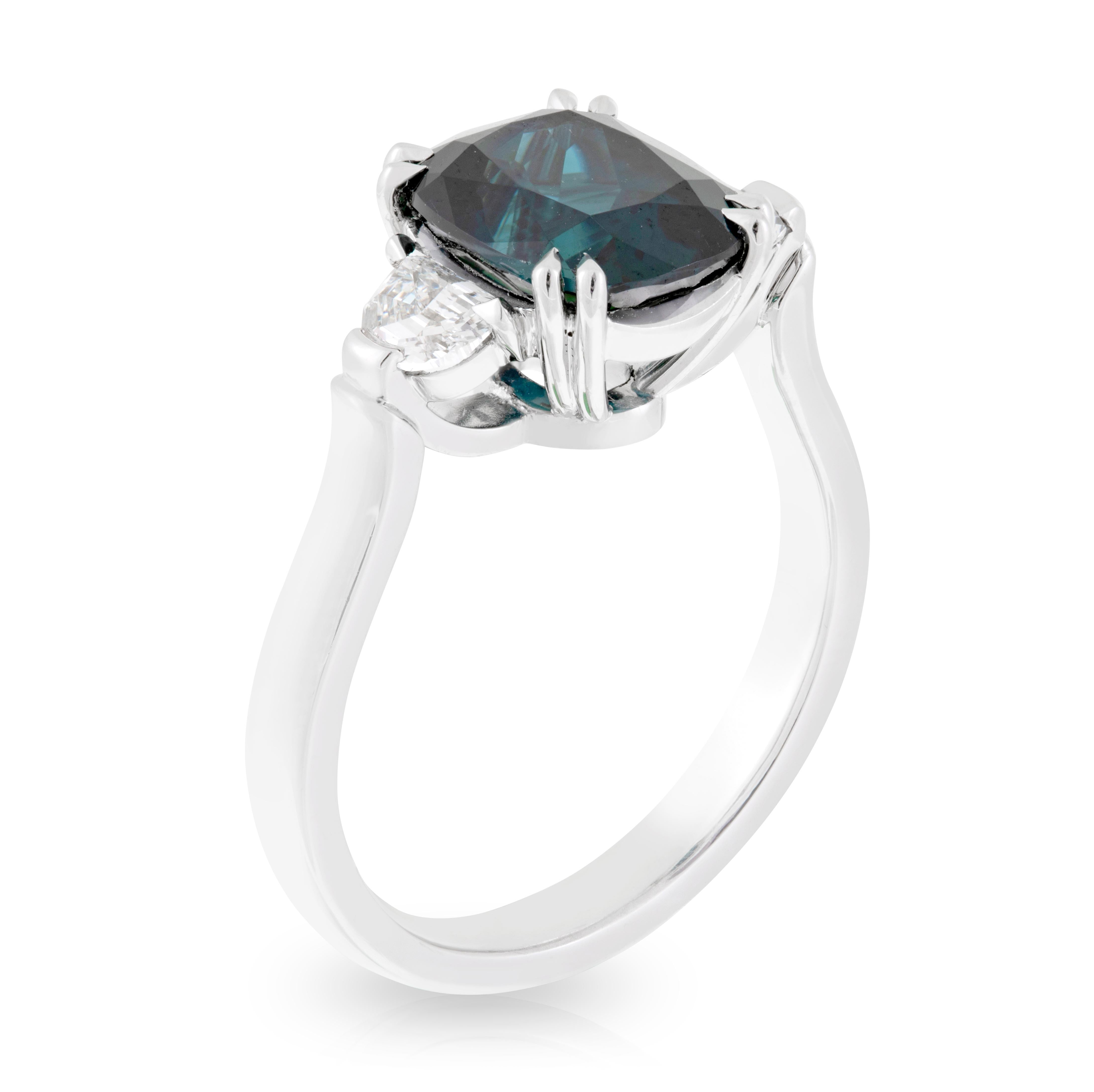Handmade 18ct White Gold Cushion Cut 3.68ct Blue/Green Sapphire with Half Moon Diamond  Shoulder Engagement Ring. TDW 0.48ct 
