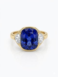 Cushion Cut Blue Sapphire 7.17CT & Half-Moon Diamond 18K Gold Trilogy Ring