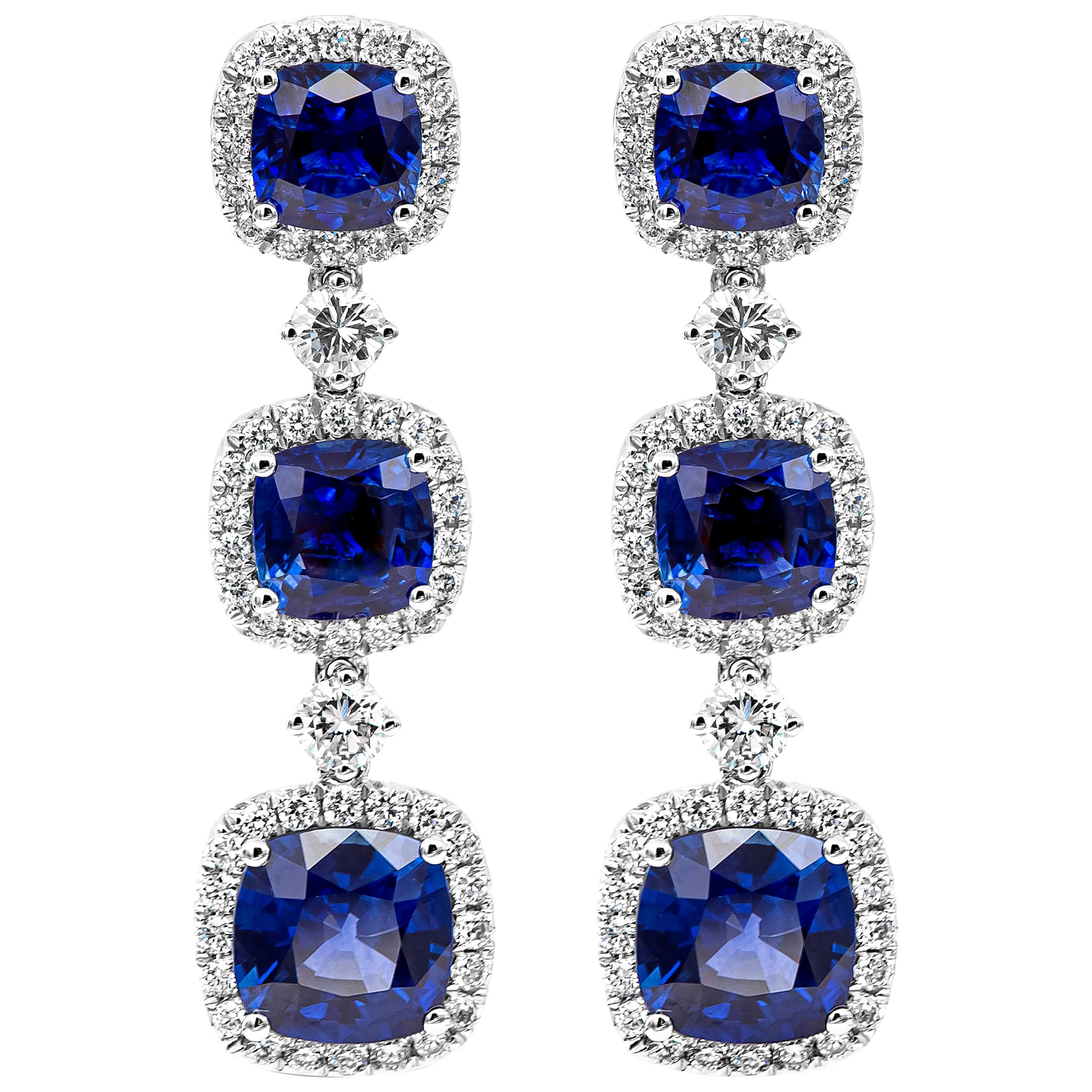 Cushion Cut Blue Sapphire and Diamond Halo Dangle Drop Earrings