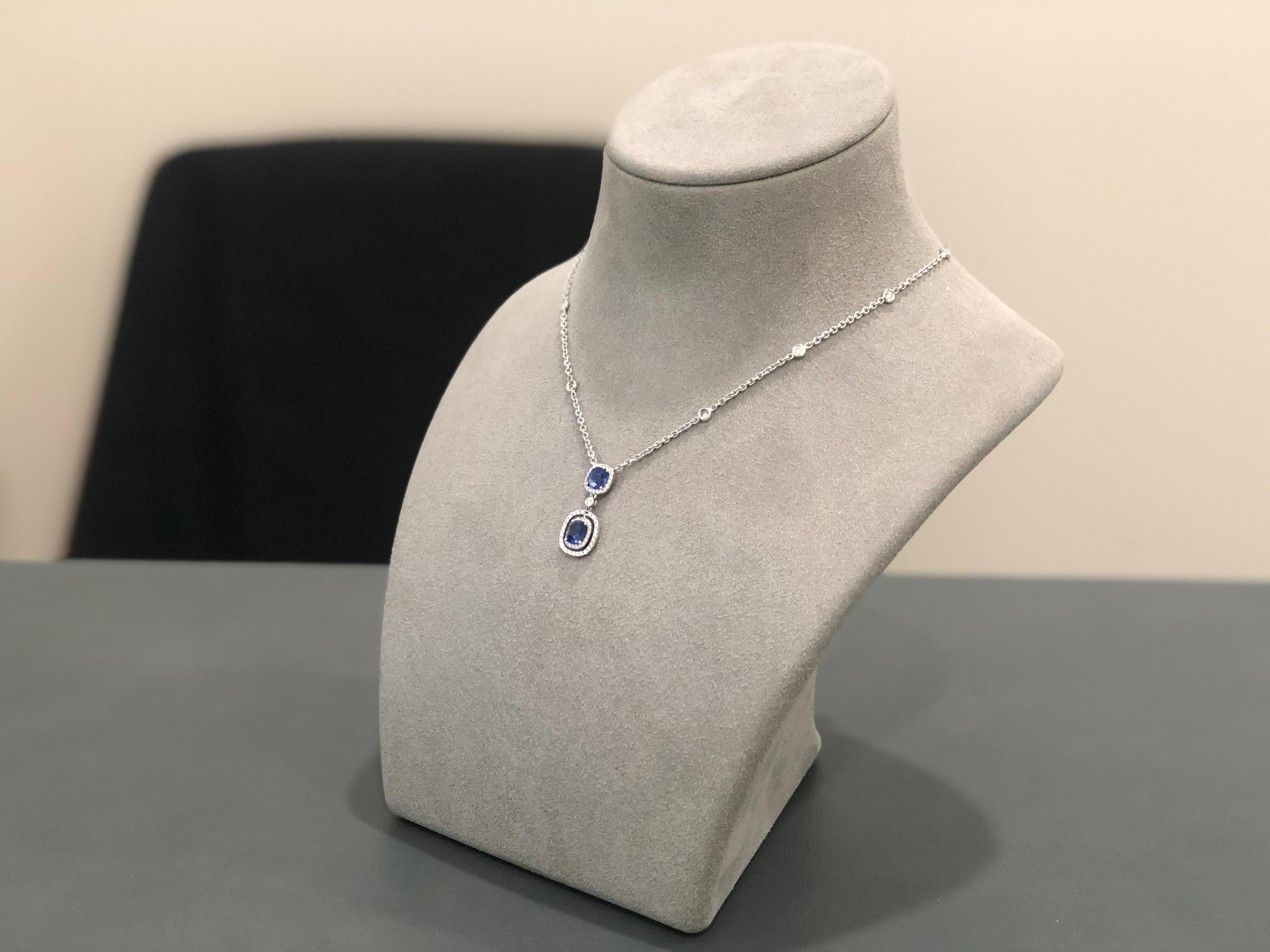 Modern Roman Malakov 2.20 Carat Cushion Cut Sapphire with Diamond Halo Pendant Necklace For Sale