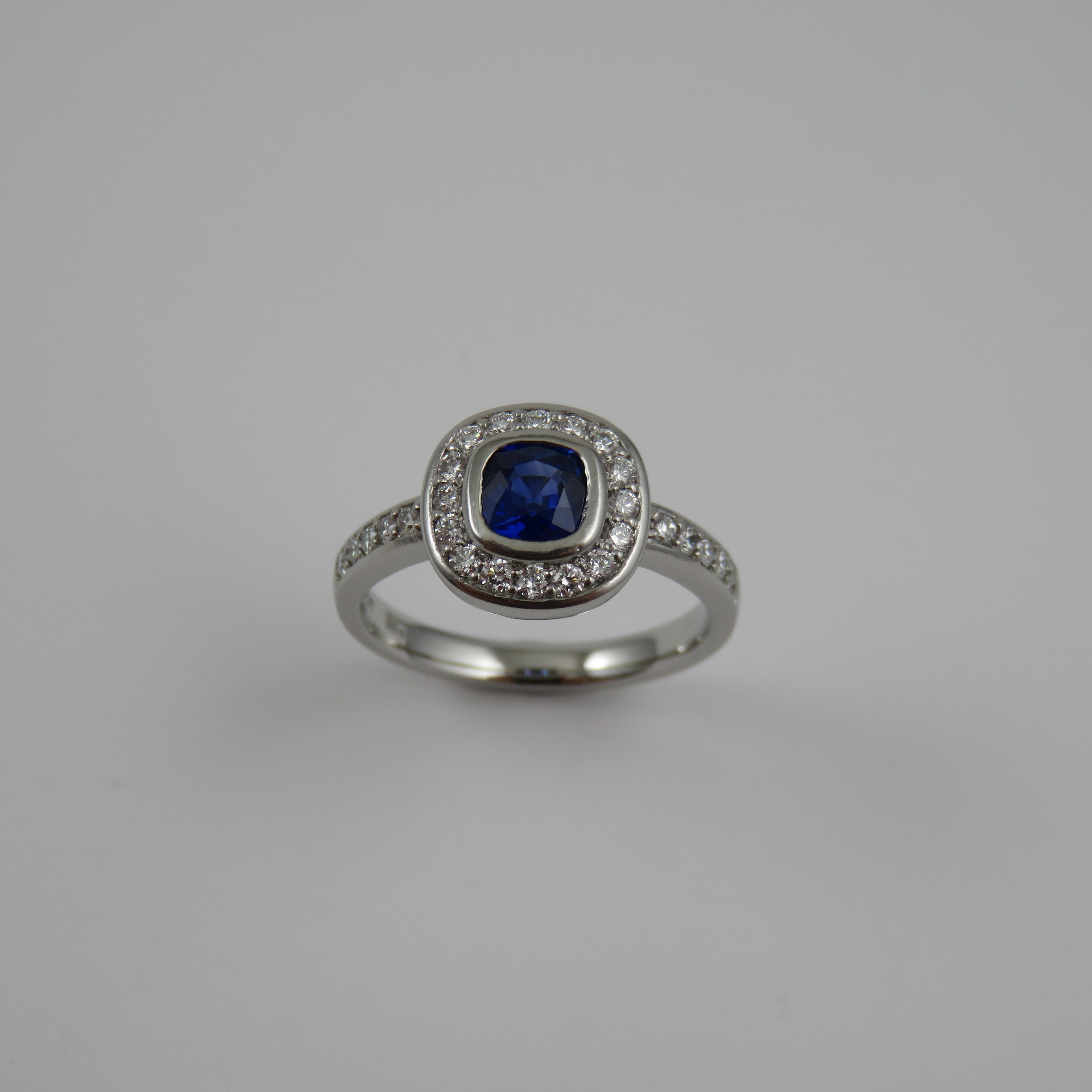 Contemporary Cushion Cut Blue Sapphire and Diamond Platinum Engagement Ring For Sale