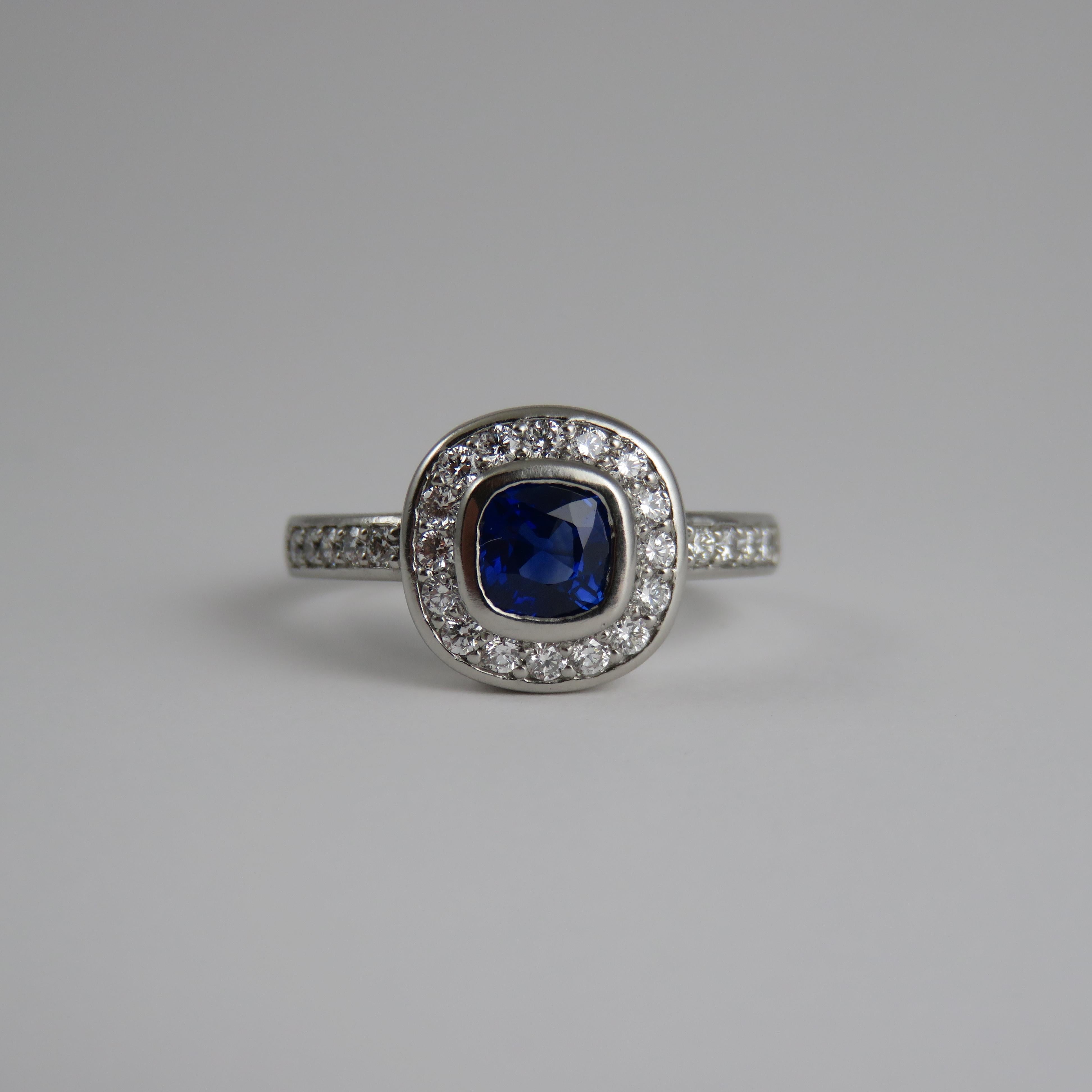 Cushion Cut Blue Sapphire and Diamond Platinum Engagement Ring In New Condition For Sale In Cambridge, NZ